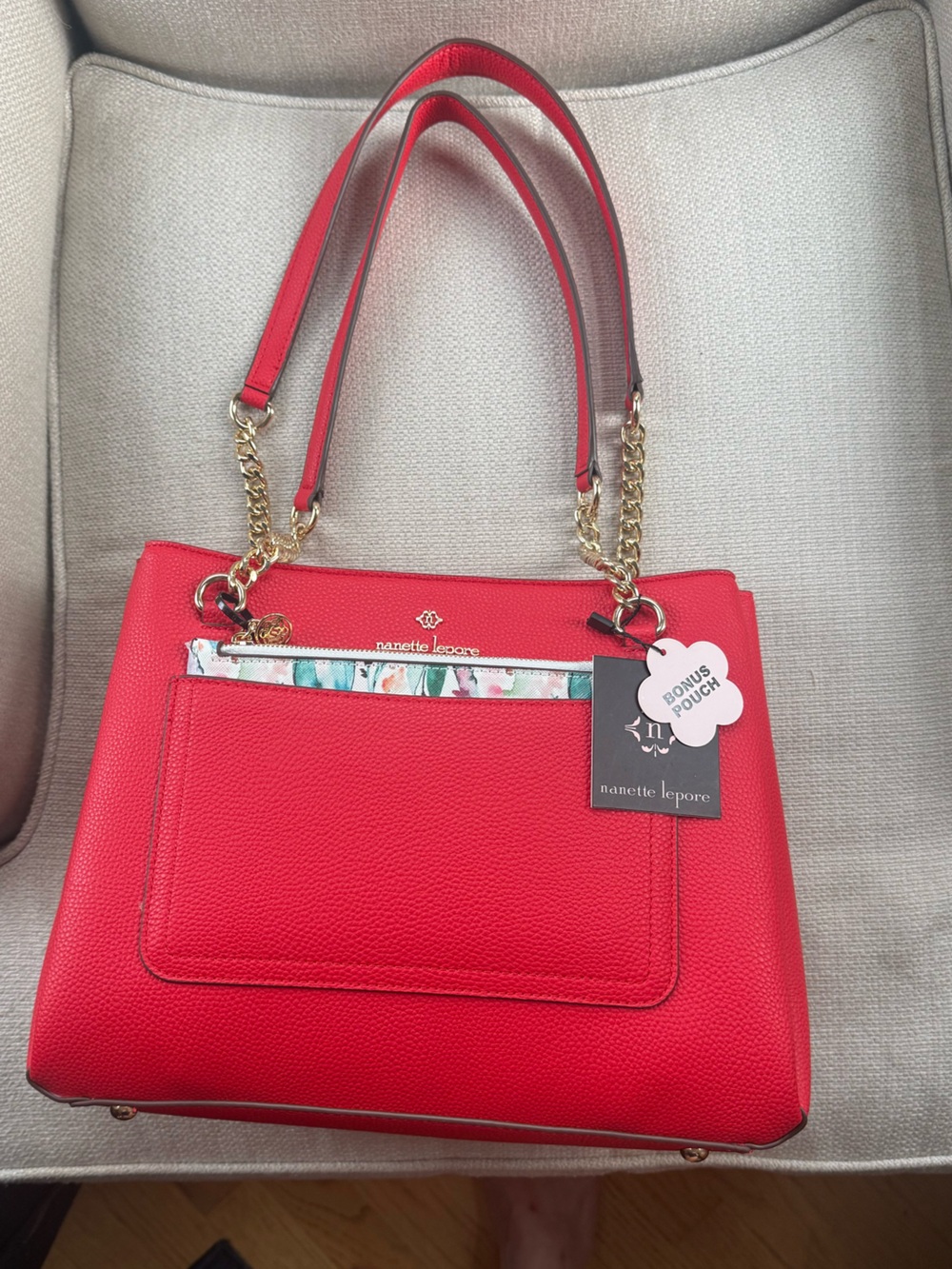 Nanette Lepore Red Shoulder Bag with Gold Chain Straps